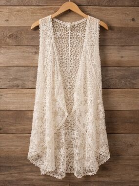 Signature Studio Cream Openwork Crochet Swim Cover-Up Vest